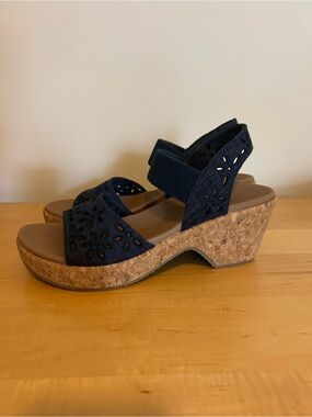 Skechers Navy Cork Wedge Sandals with Floral Cutouts